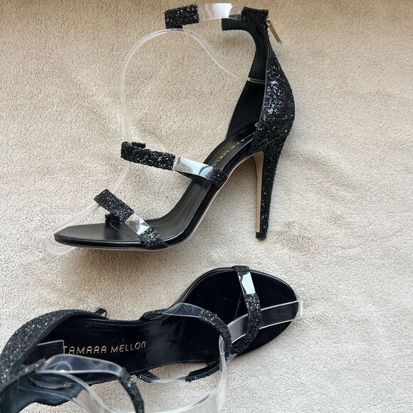 Tamara Mellon Frontline Black Glitter Crystal Heeled Sandals US 7 EU 37.5 Formal - Picture 16 of 16